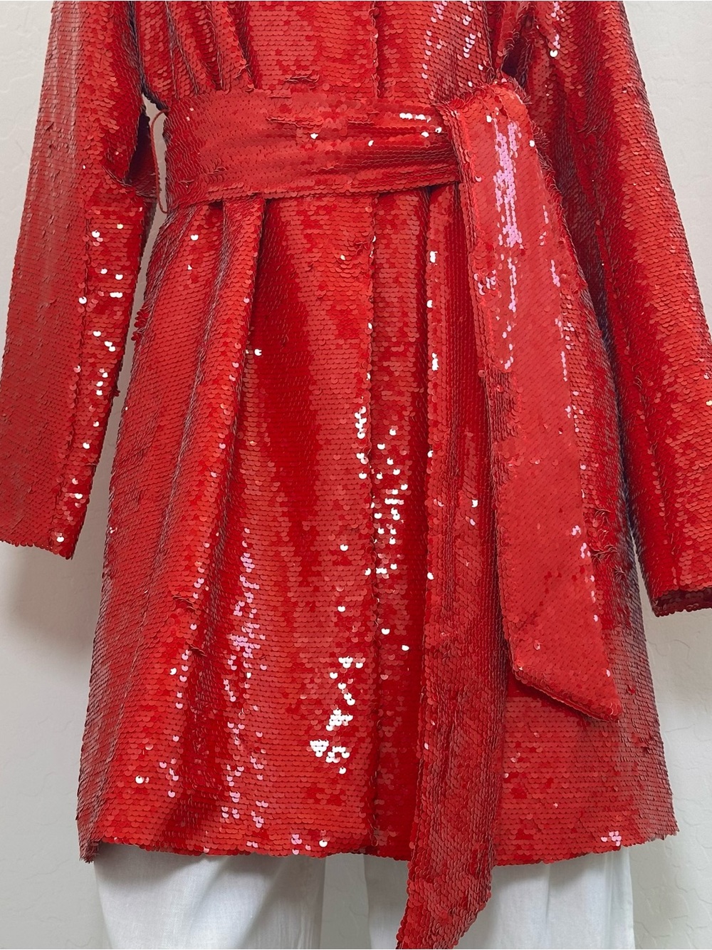 VENUS Red Sequin Belted Duster Midi length Jacket Size 14 , snap button front - Picture 10 of 12
